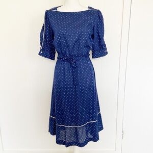Vintage Miss Oops 1980’s navy blue white dot midi dress‎ belted casual dress